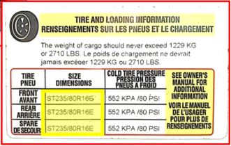 Tire size information for travel trailers and 5th wheel RVs found on the exterior left back corner